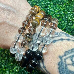 8mm Clear Quartz, Smoky Quartz, Tigers Eye & Obsidian Beaded Bracelet